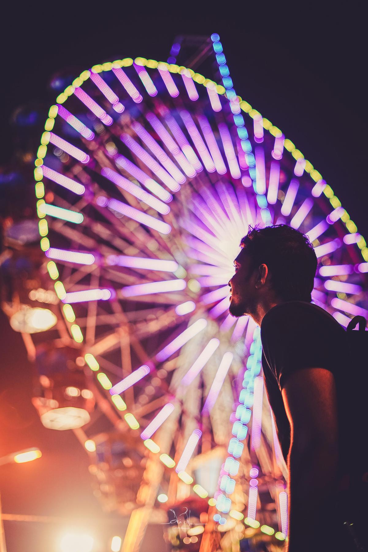 Image of Ferris wheel, Tourist attraction, Light, Fair, Fun, Purple etc.